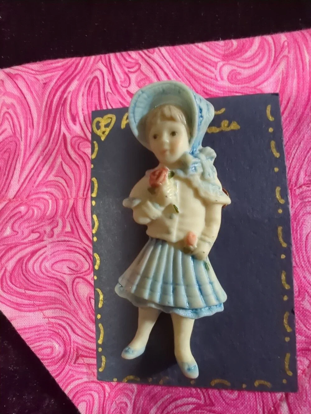 Vintage SIGNED Painted Bisque Porcelain Girl in Bonnet 3D Figural Brooch Pin